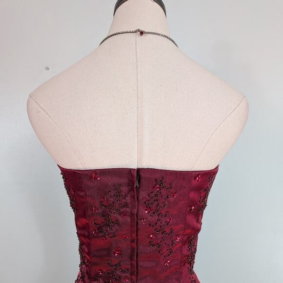 Vintage Prom Dress Maxi Gown 6 Red Y2K Goth Princess Floral Bead Strapless Glam - Picture 6 of 13